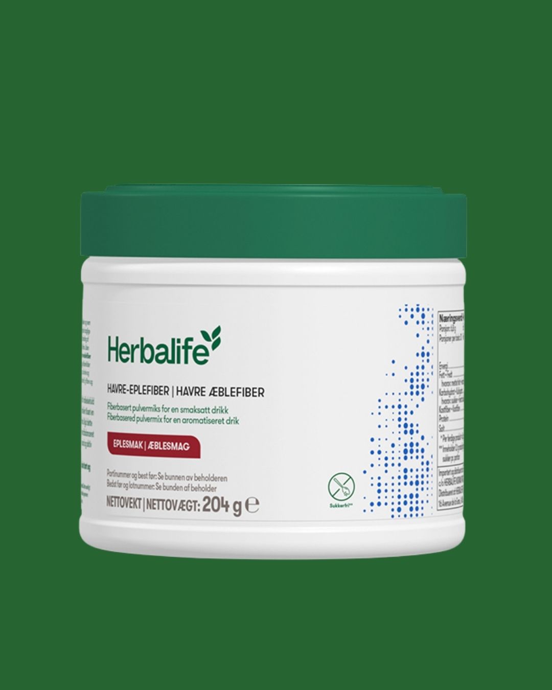 En boks Herbalife Havre-eplefiberdrikk kosttilskudd med fiber og eplesmak på grønn bakgrunn.