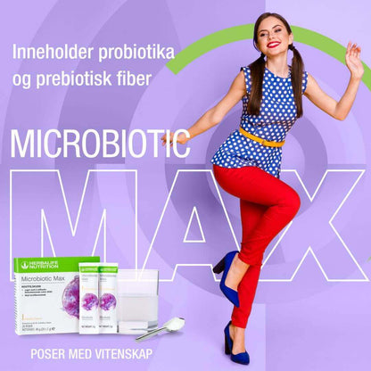 En plakat med bilde av en pakke Herbalife Microbiotic Max, to porsjonsposer av produktet og et glass med vann og produktet iblandet. På plakaten står det «Inneholder probiotika og prebiotisk fiber» og «Poser med vitenskap».