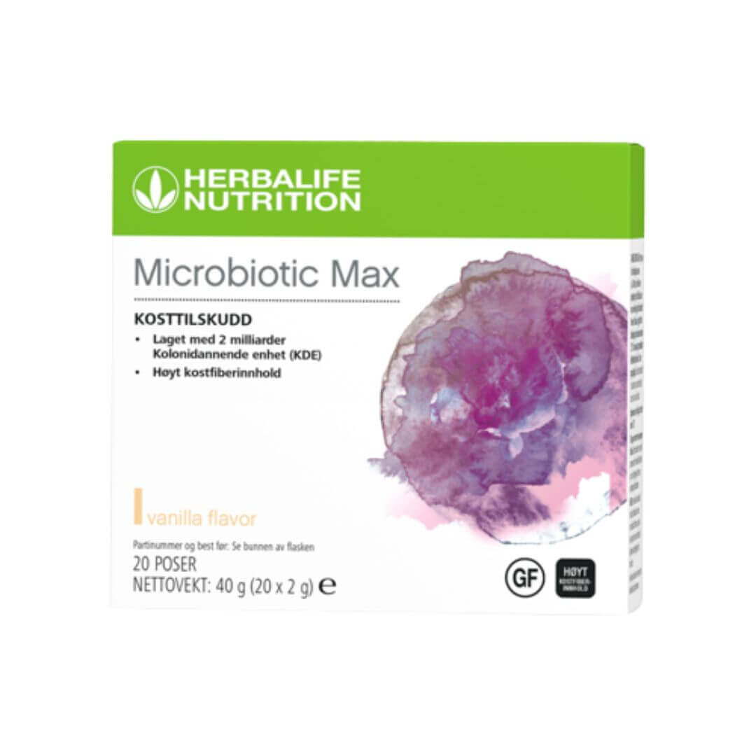 En pakke Herbalife Nutrition Microbiotic Max kosttilskudd med probiotika og prebiotisk fiber, vanilje-smak. Pakken er merket glutenfri. 