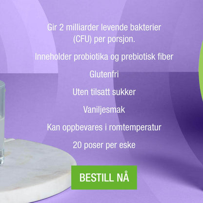 Plakat som forteller fordelene med Herbalife Nutrition Microbiotic Max kosttilskudd: Gir 2 milliarder levende bakterier (CFU) per porsjon, inneholder probiotika og prebiotisk fiber, glutenfri, uten tilsatt sukker, vaniljesmak, kan oppbevares i romtemperatur, 20 poser per eske, bestill nå. 