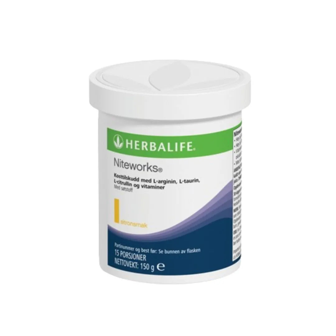 En boks Herbalife Nutrition Niteworks kosttilskudd med L-arginin, L-taurin, L-citrullin og vitaminer.