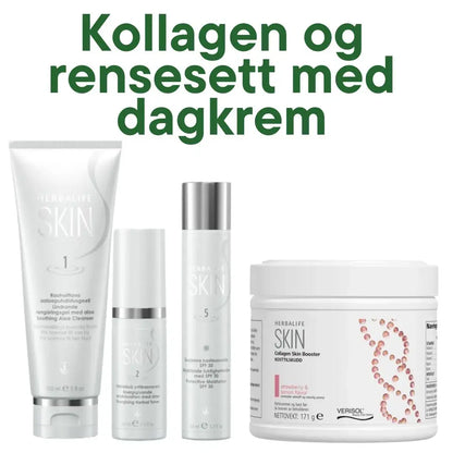 En tube Herbalife SKIN Soothing Aloe Cleanser rensegel, en sprayflaske toner ansiktsvann, en tube Protective Moisturiser dagkrem med solfaktor 30 og en boks SKIN Collagen Booster. Over produktene står teksten Kollagen og rensesett med dagkrem.