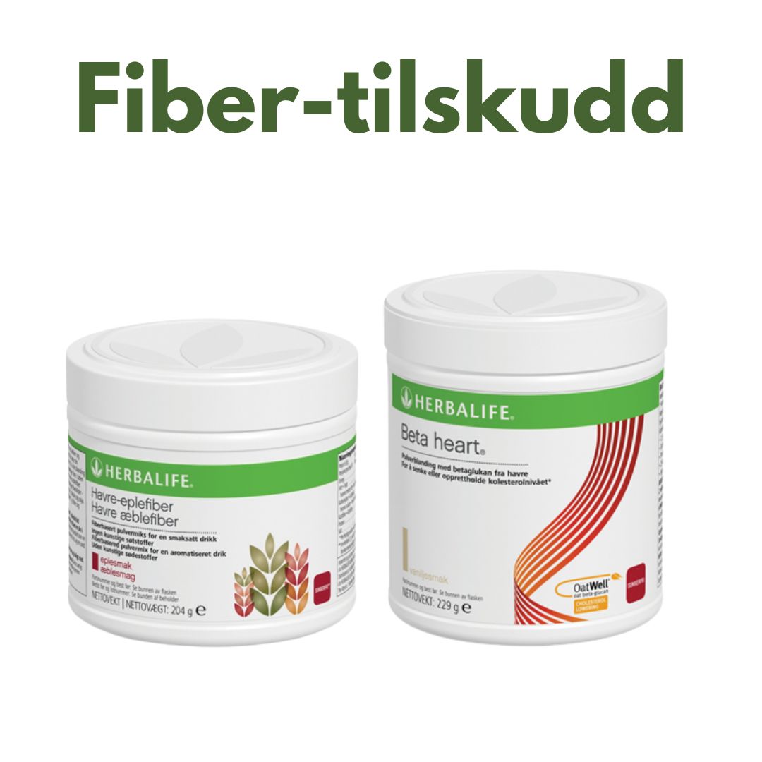 En boks Herbalife Nutrition Havre-eplefiberdrikk kosttilskudd med fiber og eplesmak og en boks Herbalife Beta heart kosttilskudd fra havre. Tekst på bildet: "Fiber-tilskudd".