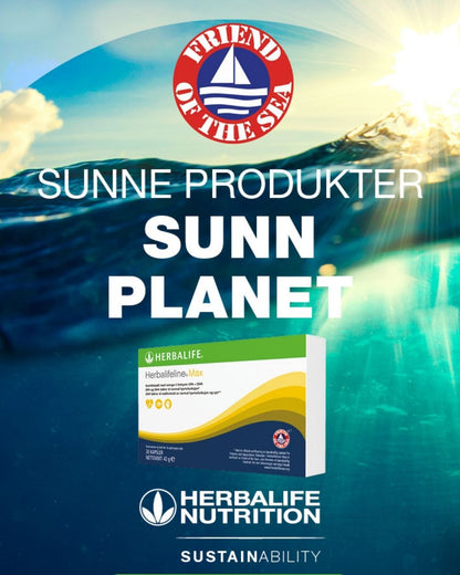En plakat med bilde av Herbalifeline MAX Omega-3 fiskeolje-kosttilskudd og teksten «Sunne produkter, sunn planet» og bilde av logoene til Friend of the sea og Herbalife samt teksten «Sustainability». 