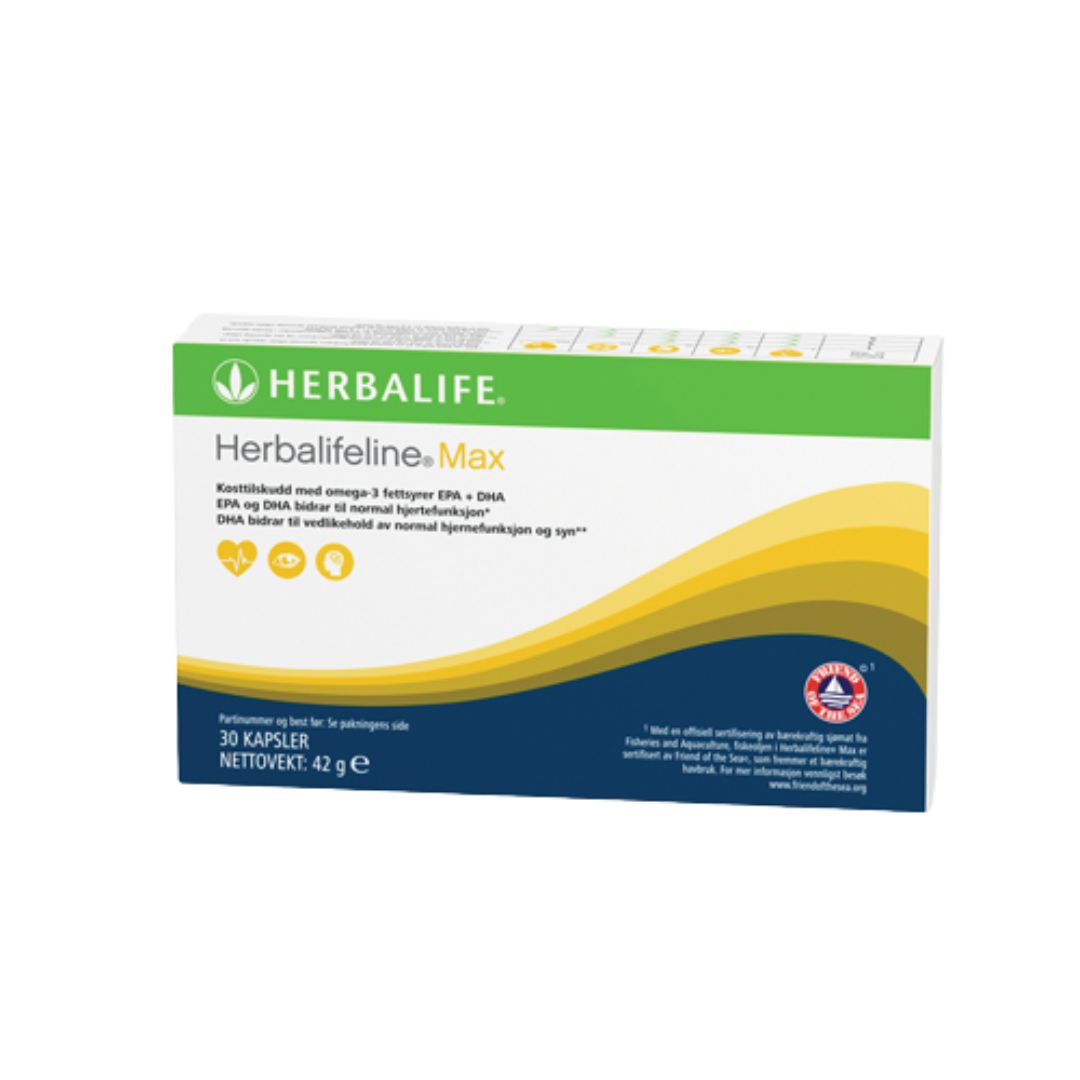 En pakke Herbalife Herbalifeline MAX Omega-3 fiskeolje-kosttilskudd.