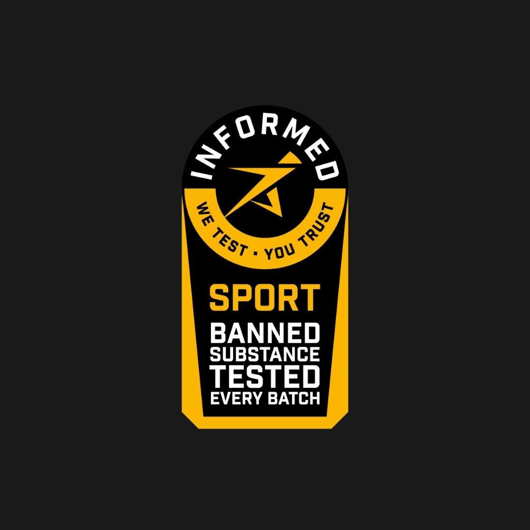 Bilde med logoen til Informed Sport hvor det står “We test, you trust. Banned substance tested every batch”.