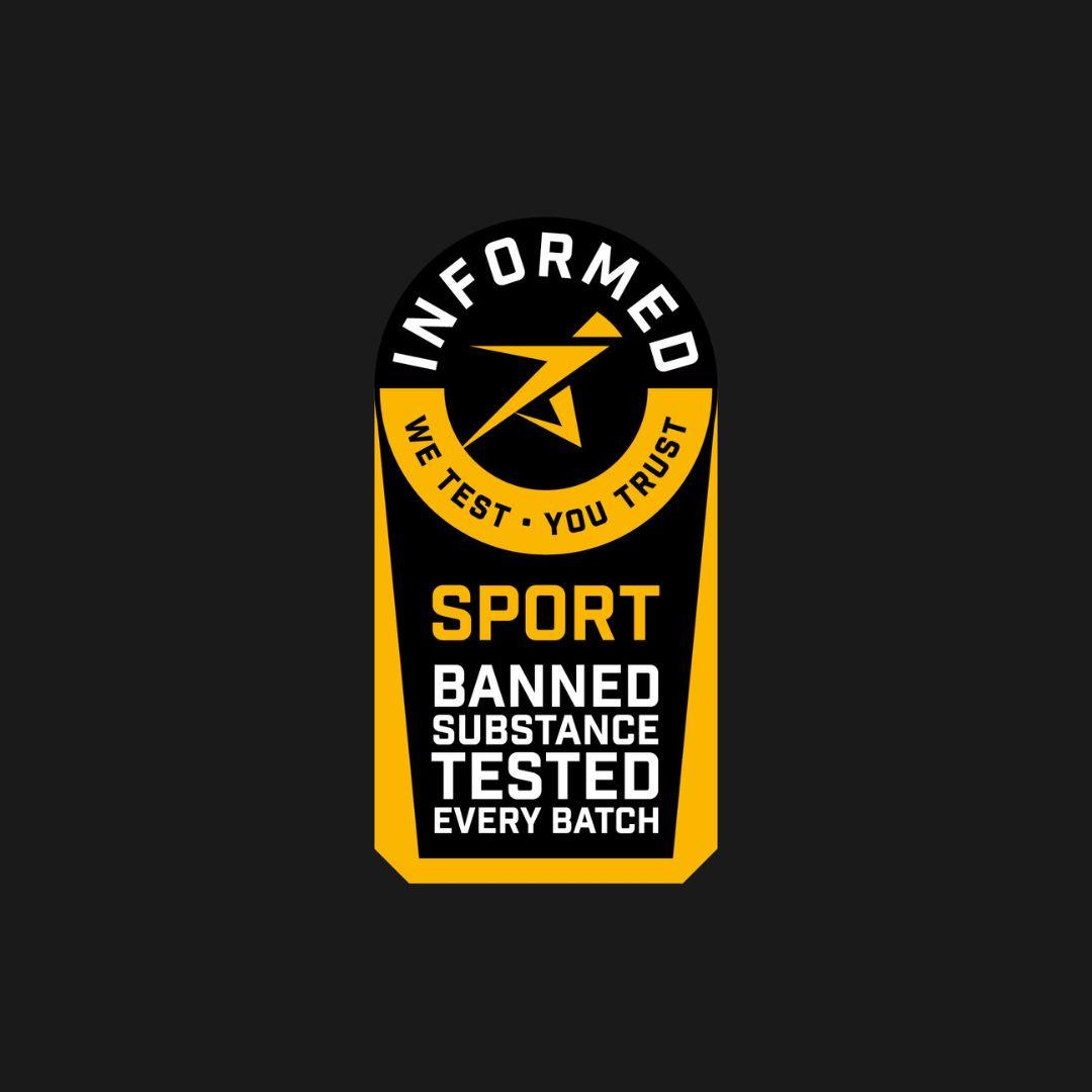 Logoen til Informed Sport hvor det står “We test, you trust. Banned substance tested every batch”.