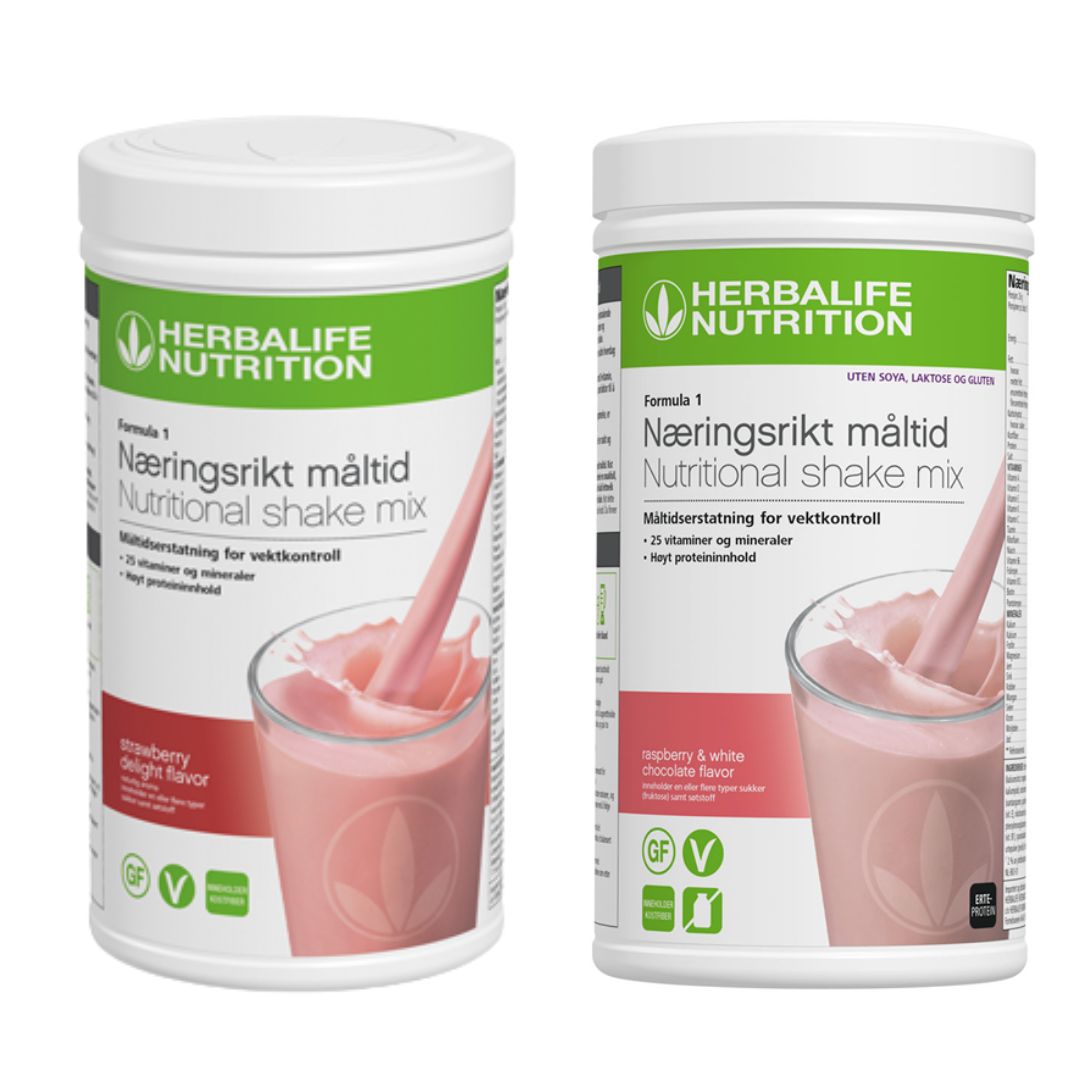 En boks Herbalife Formula 1 shakemix med jordbærsmak og en med bringebær og hvit sjokolade-smak.