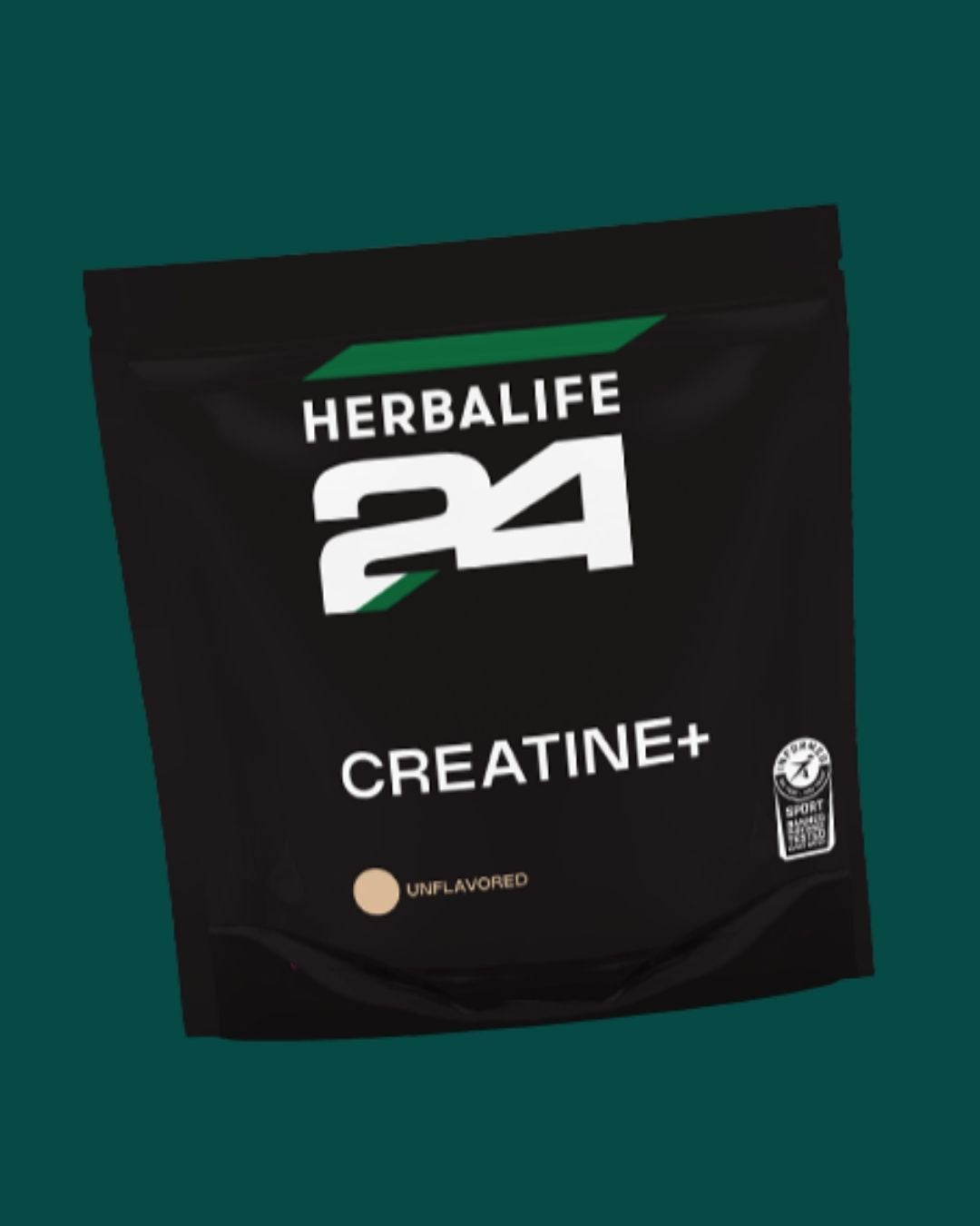 En pose Herbalife24 Creatine+ kreatin monohydrat står tydelig frem på grønn bakgrunn. Produktet er merket med H24-logo og Informed-Sport-sertifisering.