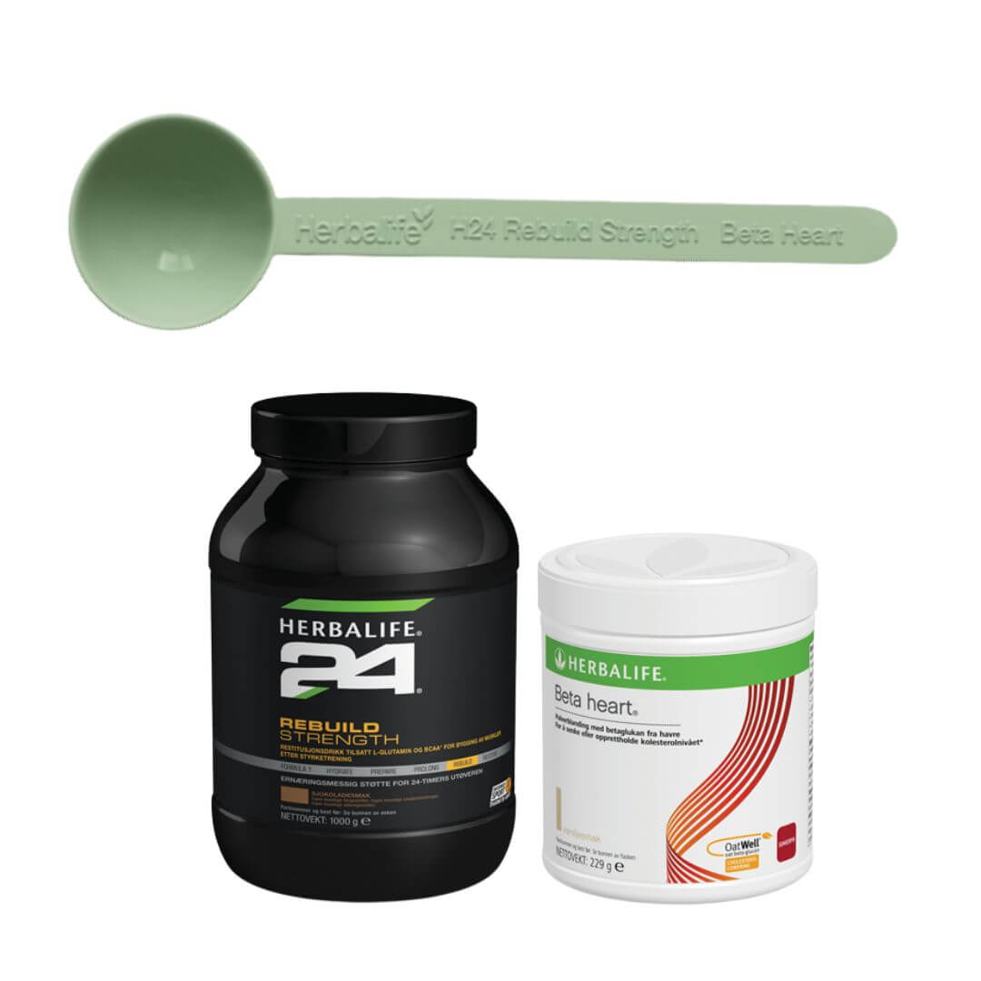 Lysegrønn Herbalife måleskje til H24 Rebuild Strength og Beta Heart. Boks med Rebuild Strength og Betaheart.