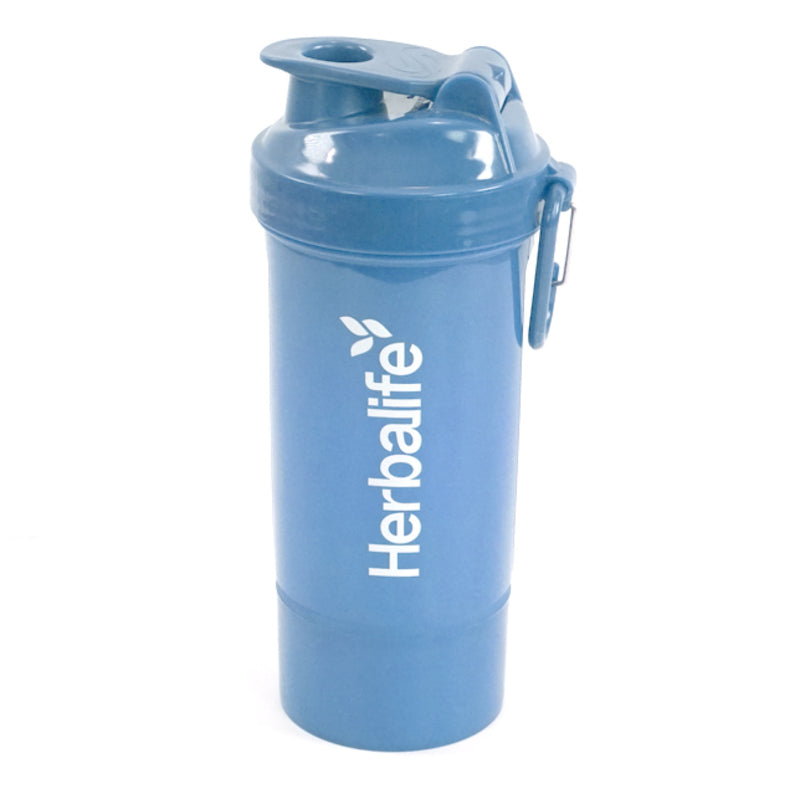 Blå Herbalife SmartShake 600 ml med hvit logo og karabinkrok.