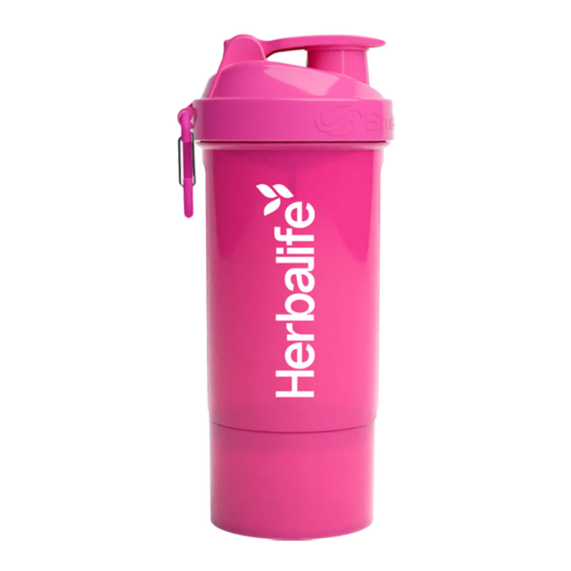 Rosa Herbalife SmartShake 600 ml med hvit logo og karabinkrok.
