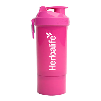 Rosa Herbalife SmartShake 600 ml med hvit logo og karabinkrok.