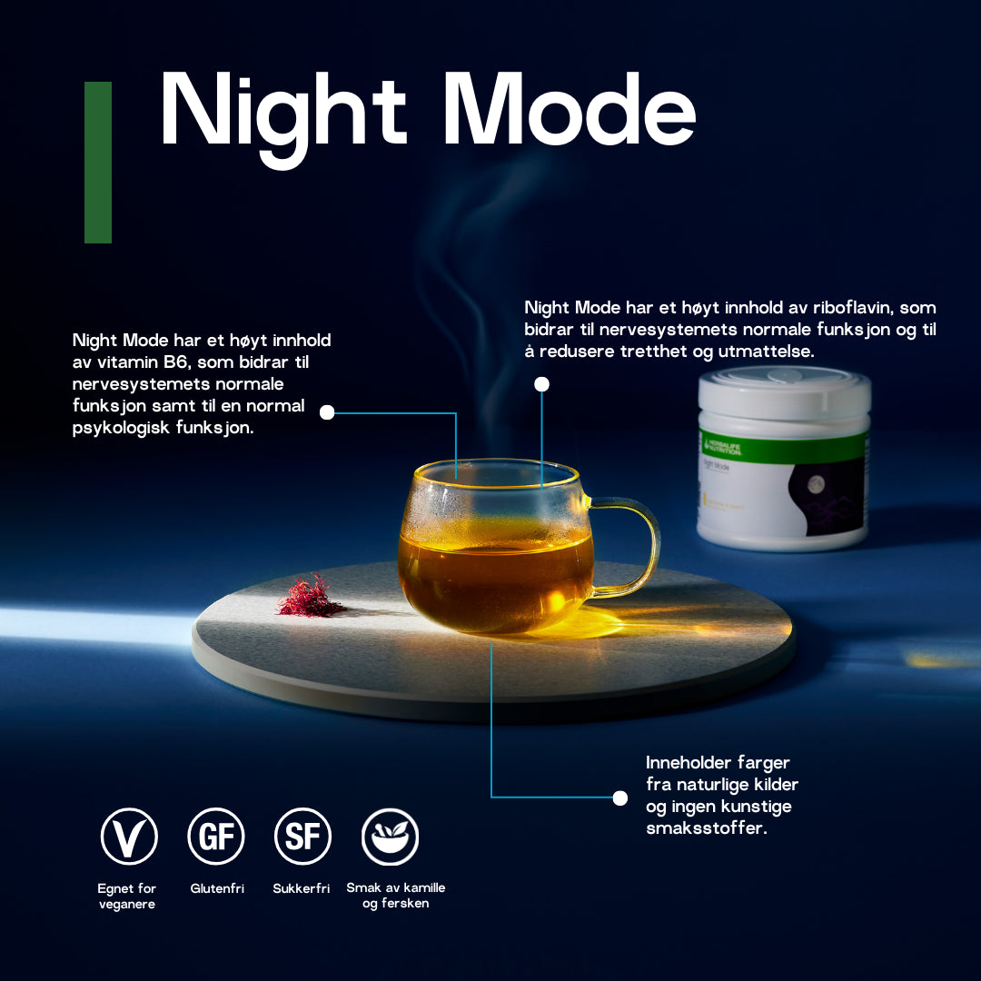 En rykende varm tekopp og en boks Herbalife Night Mode kosttilskudd. Teksten "Night Mode har et høyt innhold av vitamin B6, som bidrar til nervesystemets normale funksjon og normal psykologisk funksjon. Night Mode har et høyt innhold av riboflavin, som bidrar til nervesystemets normale funksjon og til å redusere tretthet og utmattelse. Inneholder farger fra naturlige kilder og ingen kunstige smaksstoffer. Egnet for veganere, glutenfri, sukkerfri og smak av kamille og fersken”.