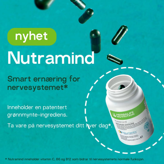 En åpnet boks Herbalife Nutrition Nutramind kosttilskudd med kapsler flyvende ut og teksten "Nyhet. Nutramind. Smart ernæring for nervesystemet. Inneholder en patentert grønnmynte-ingrediens. Ta vare på nervesystemet ditt hver dag. Inneholder vitamin C, B6 og B12 som bidrar til nervesystemets normale funksjon."