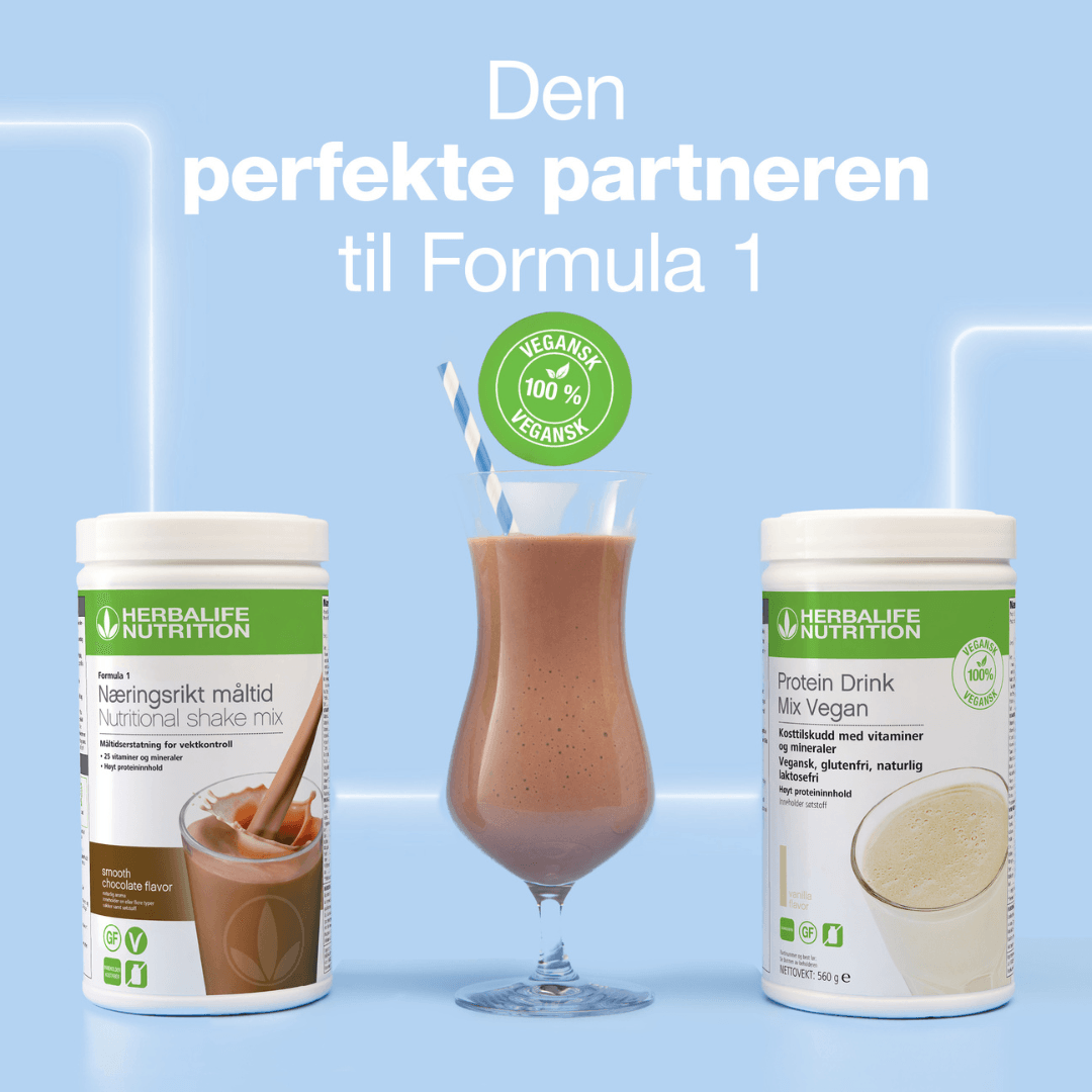 Bilde av Herbalife Formula 1 shakemix sjokolade sammen med proteindrinkmiks vegan, en sjokoladeshake og teksten “Den perfekte partneren til Formula 1” sammen med merke for 100% vegansk. 