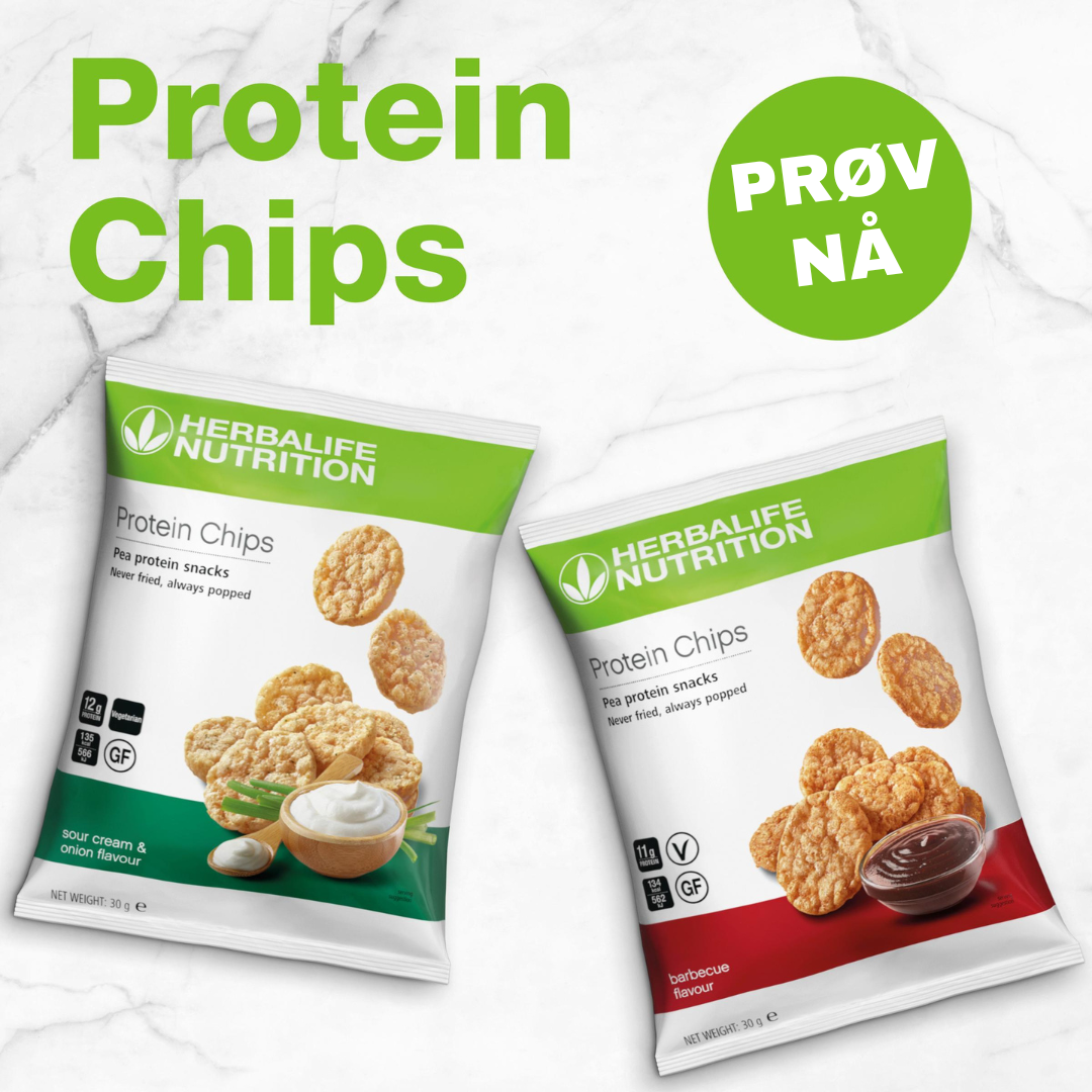 To porsjonsposer Herbalife Protein Chips proteinrik snacks. En pose med sourcream & onion-smak og en pose med barbeque-smak og teksten “Protein Chips, prøv nå”.