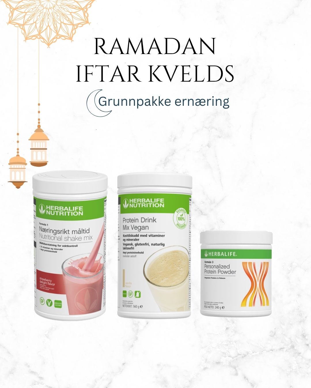 Ramadan iftar kvelds grunnpakke ernæring med Herbalife Formula 1 shake, Protein Drink Mix PDM Vegan og personlig proteinpulver PPP