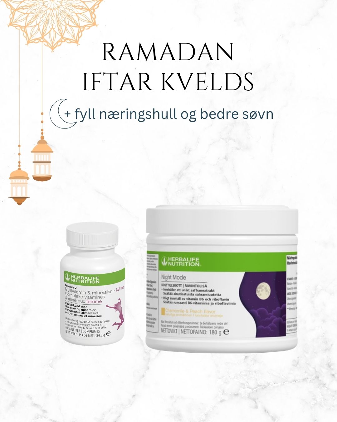 Ramadan iftar kvelds med Herbalife multivitamin for kvinner og Night Mode safrante for å fylle næringshull og støtte bedre søvn