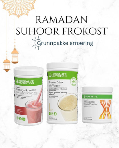 Ramadan suhoor frokost grunnpakke ernæring med Herbalife Formula 1, Protein Drink Mix PDM Vegan og personlig proteinpulver PPP