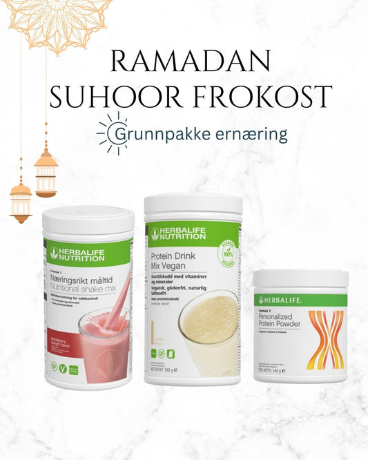 Ramadan suhoor frokost grunnpakke ernæring med Herbalife Formula 1, Protein Drink Mix PDM Vegan og personlig proteinpulver PPP