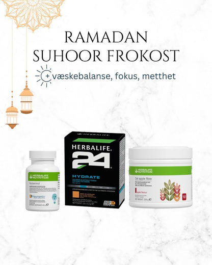 Ramadan suhoor frokost med Herbalife Hydrate, Nutramind kosttilskudd og havre-eplefiber for væskebalanse, fokus og metthet