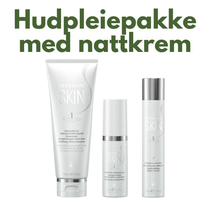 Herbalife SKIN Soothing Aloe Cleanser ansiktsrens, en sprayflaske Toner ansiktsvann og en tube Replenishing nattkrem og teksten Hudpleiepakke med nattkrem. 