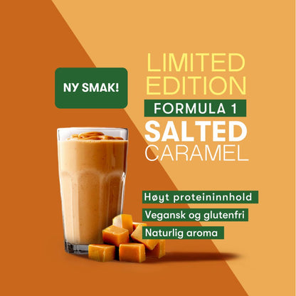 Salt karamell-shake fra Herbalife. Ny smak. Limited Edition. Høyt proteininnhold, vegansk og glutenfri, naturlig aroma. Shake i glass, karameller ved siden av, brun og lysebrun bakgrunn. 