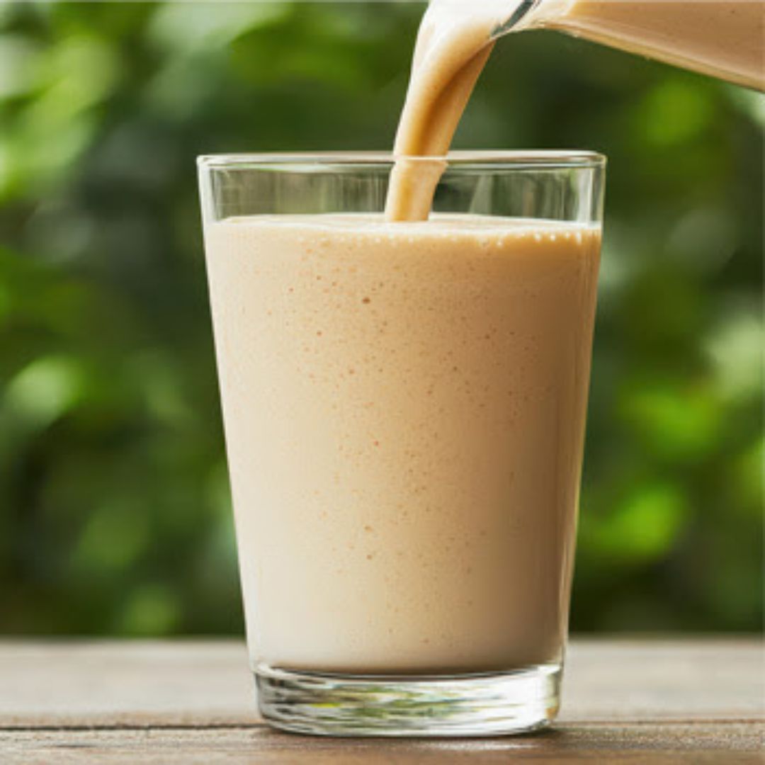 Salt karamell-shake som elles fra ei mugge i et glass på et bord med grønne vekster i bakgrunnen. 