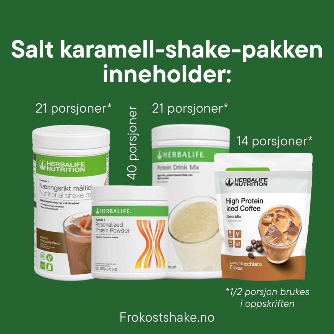 Bilde av Herbalife-produkter som inngår i Salt karamell-shakepakken på grønn bakgrunn og bunntekst Frokostshake.no. Det står antall porsjoner av hvert produkt og en merknad om at for 3 av disse brukes kun 1/2 porsjon i oppskriften på shaken. 