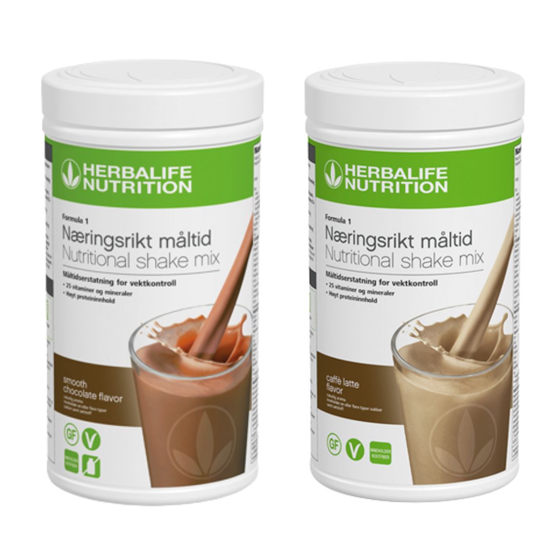 En boks Herbalife Formula 1 shakemix med sjokoladesmak og en med caffe latte-smak.