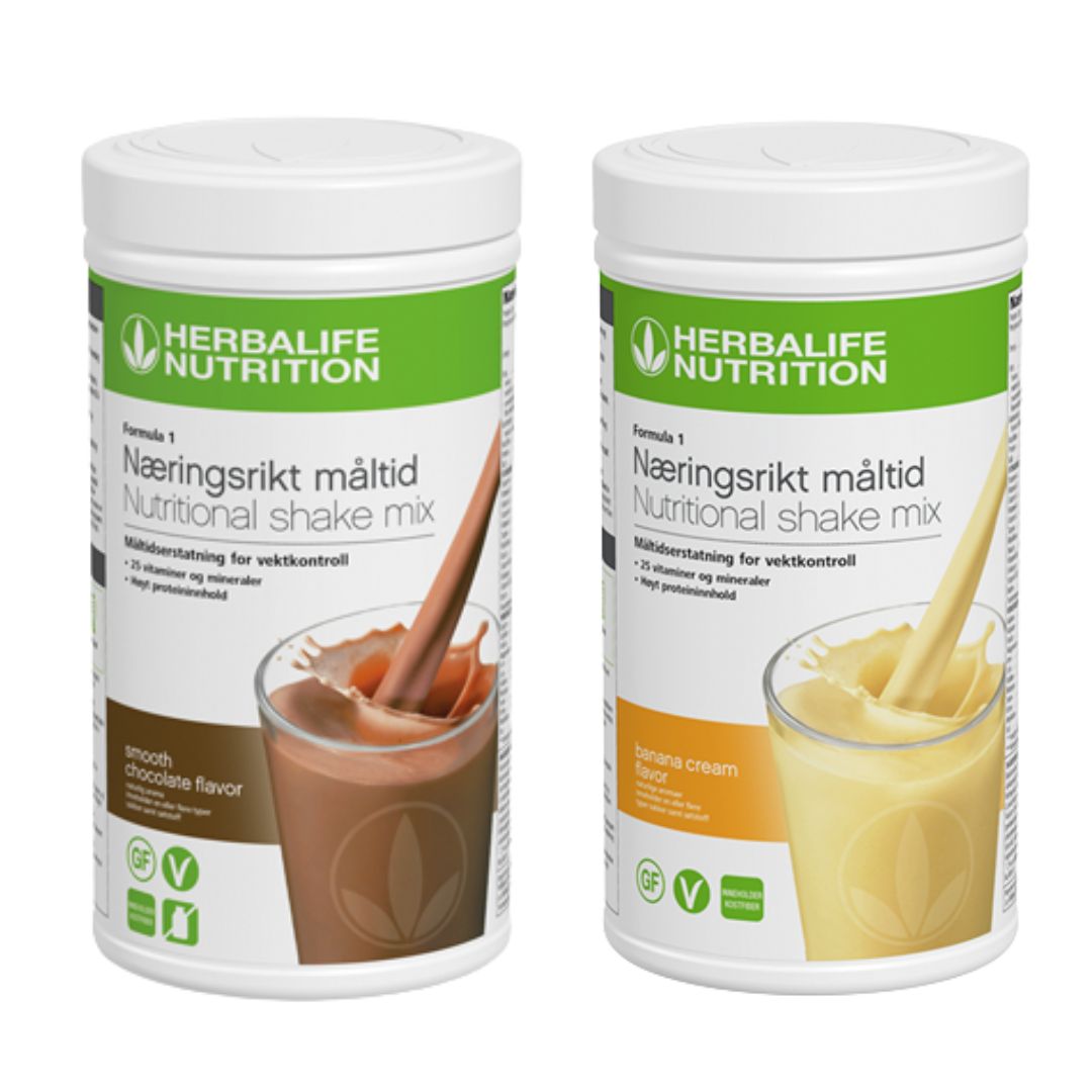 En boks Herbalife Formula 1 shakemix med sjokoladesmak og en med banansmak.