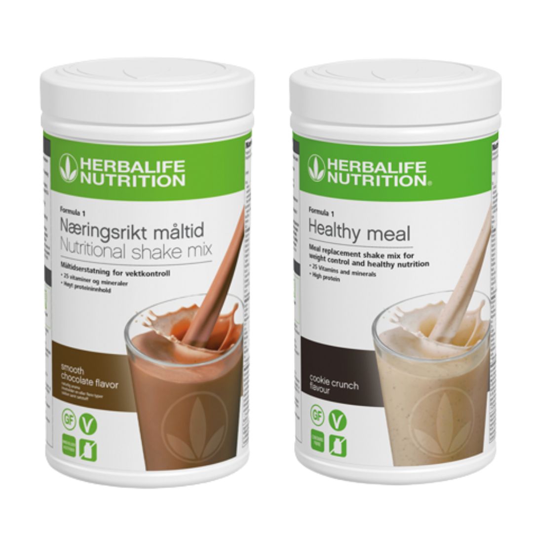 En boks Herbalife Formula 1 shakemix med sjokoladesmak og en med cookie crunch-smak.