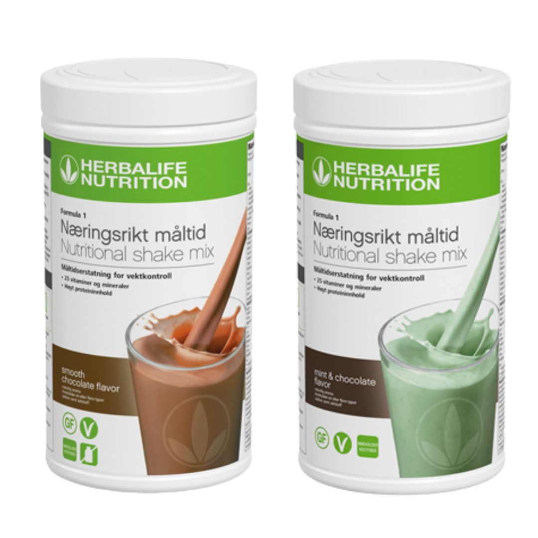 En boks Herbalife Formula 1 shakemix med sjokoladesmak og en med mintsjokoladesmak. 