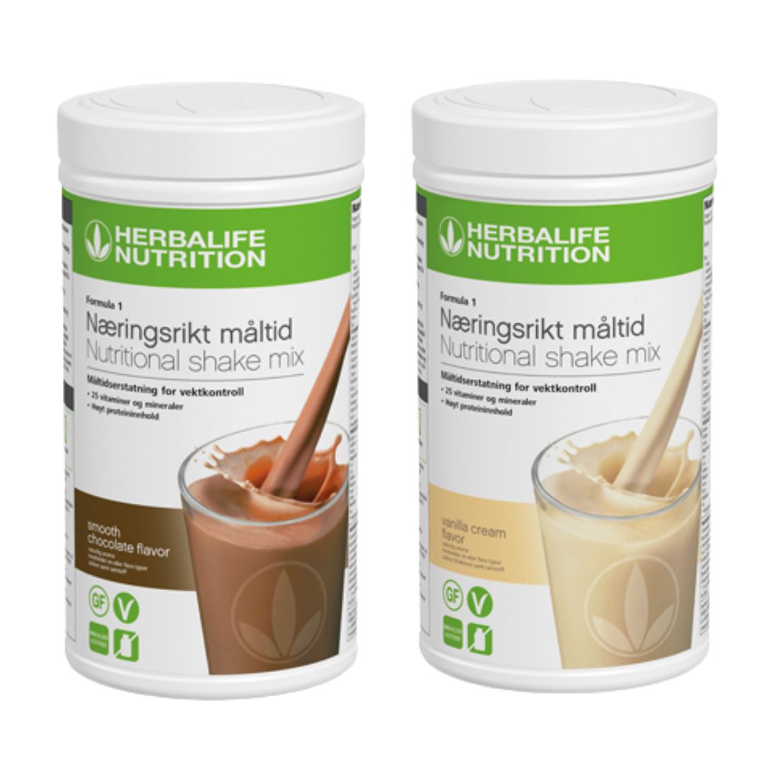 En boks Herbalife Formula 1 shakemix med sjokoladesmak og en med vaniljesmak.