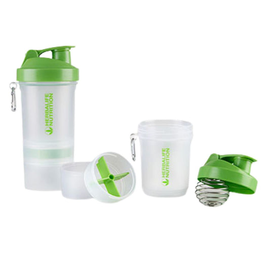 Herbalife SmartShake 400 ml supershaker i gjennomsiktig plast med grønt lokk og logo, vist med metallball og to oppbevaringsbokser (én med tablettinndeling).