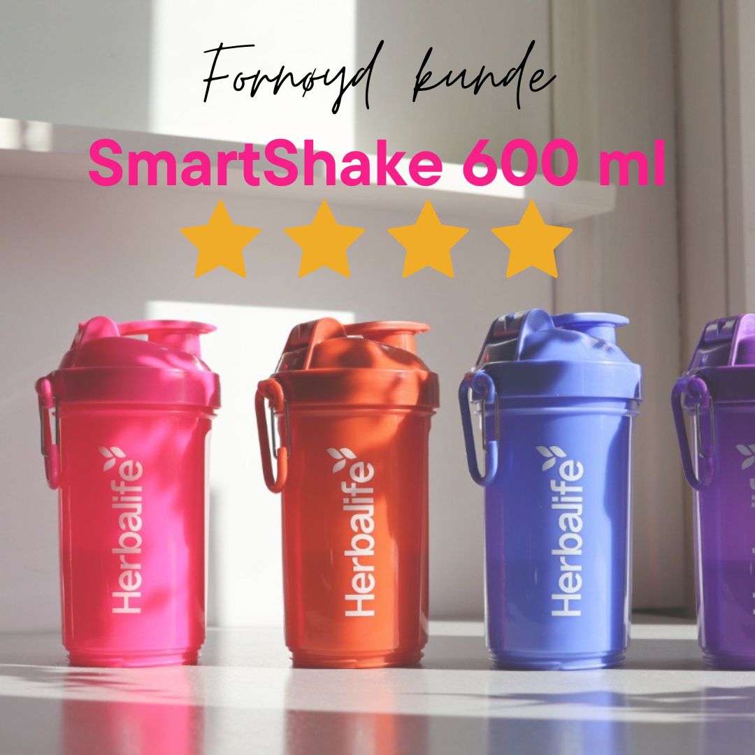 Fargerike SmartSHake-ristebeger fra Herbalife (600 ml) i rosa, oransje, blå og litlla - presentert med 4 stjerner og teksten "Fornøyd kunde" - prekt for shake på farta.