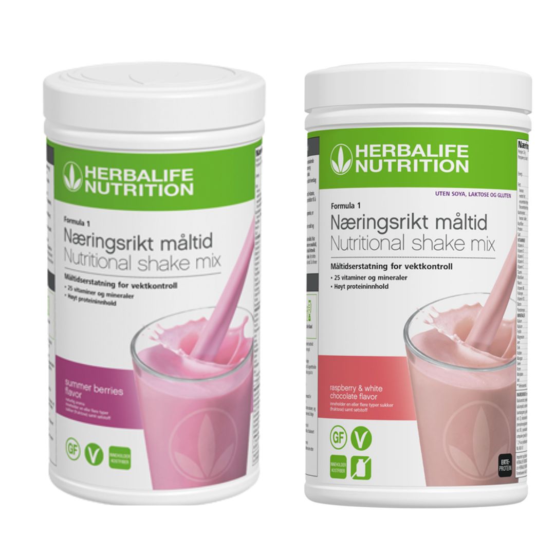 En boks Herbalife Formula 1 shakemix med summer berries-smak og en med bringebær og hvit sjokolade-smak.