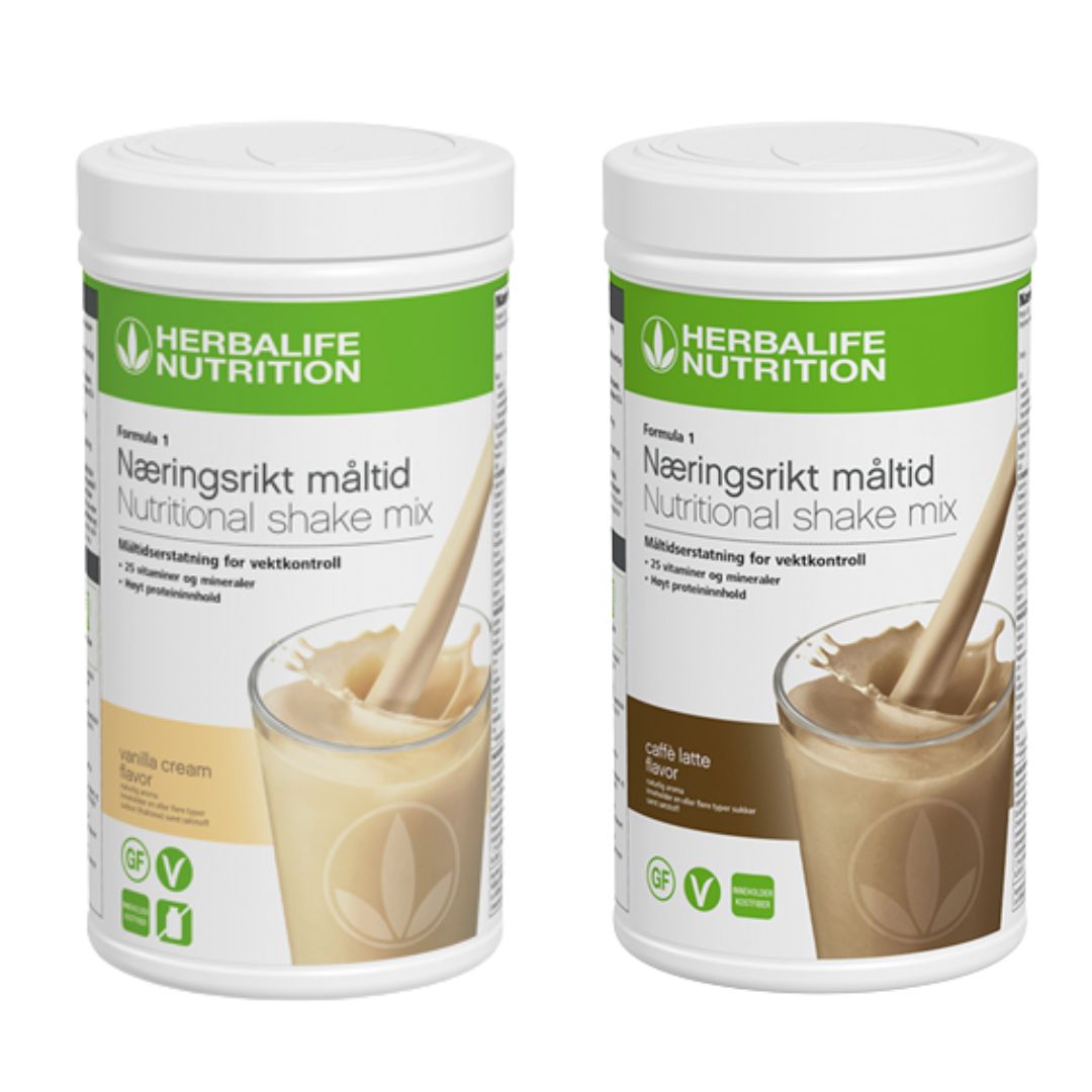 En boks Herbalife Formula 1 shakemix med vaniljesmak og en med caffe latte-smak.