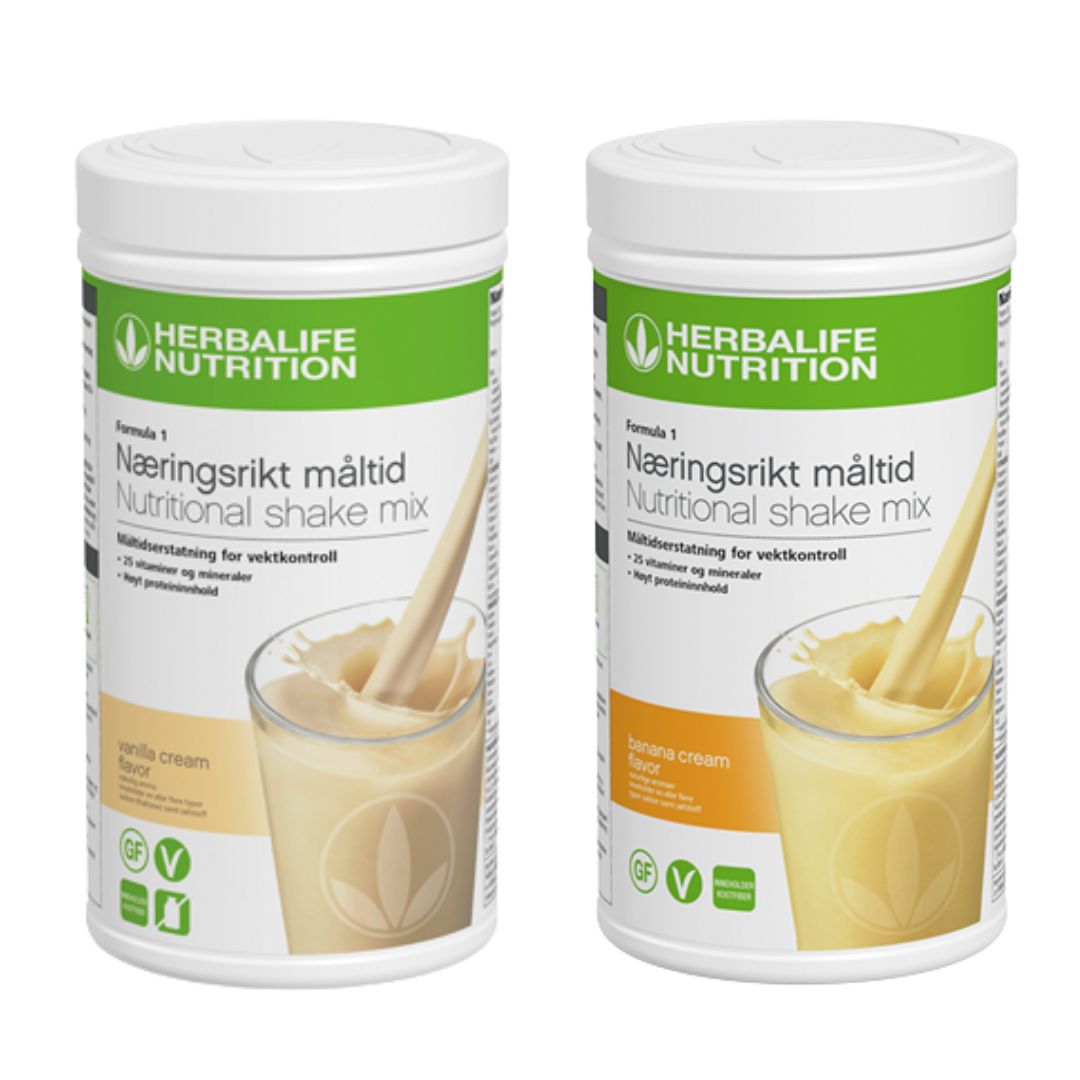 En boks Herbalife Formula 1 shakemix med sjokoladesmak og en med vaniljesmak.