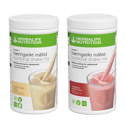 En boks Herbalife Formula 1 shakemix med vaniljesmak og en med jordbærsmak. 