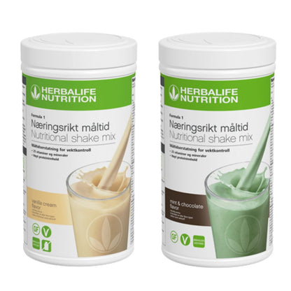 En boks Herbalife Formula 1 shakemix med vaniljesmak og en med mintsjokoladesmak.