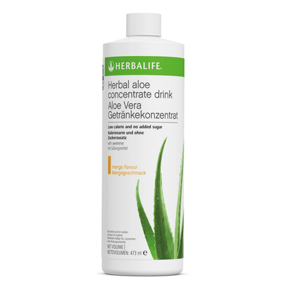 En flaske Herbalife Herbal Aloe vera urtekonsentrat aloeverajuice med mango-smak.