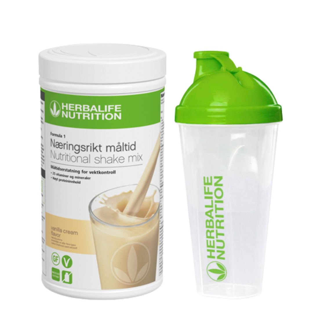 En boks Herbalife vaniljeshake og en shaker med Herbalife-logo. 