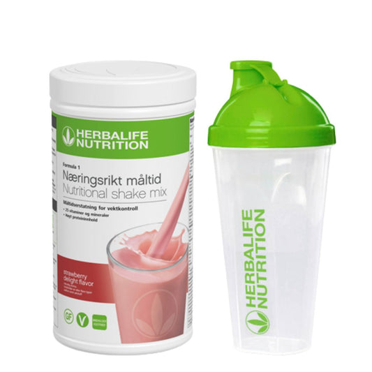 En boks Herbalife jordbærshake og en shaker med Herbalife-logo. 