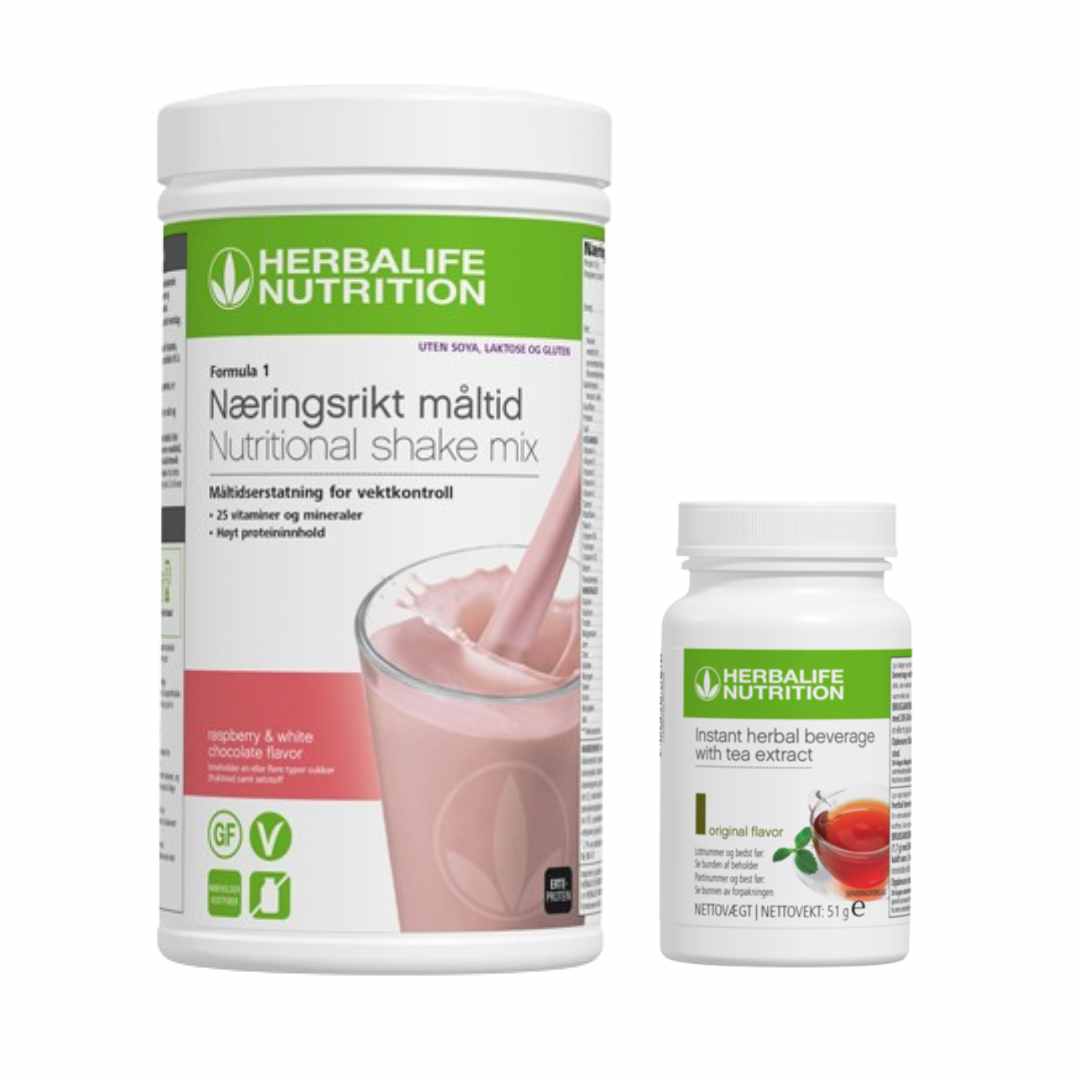 En boks Herbalife Formula 1 shakemix og en boks Instant urtekonsentrat te med originalsmak