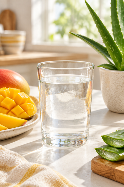 Glass med klar aloejuice, mango og aloeplante på kjøkkenbord