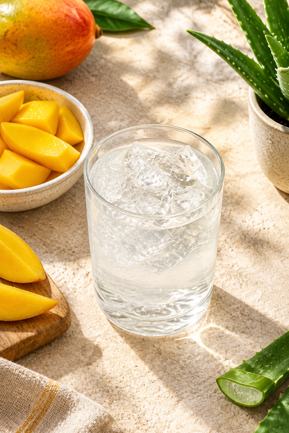 Klar aloejuice med mango og aloe sett ovenfra