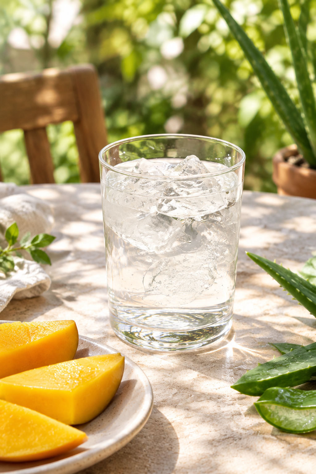Glass med klar aloejuice på utebord med mango og aloe