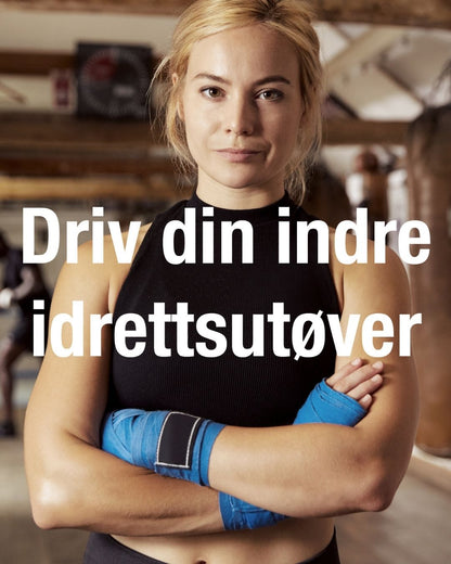 En kvinne i treningstøy og teksten Driv din indre idrettsutøver.
